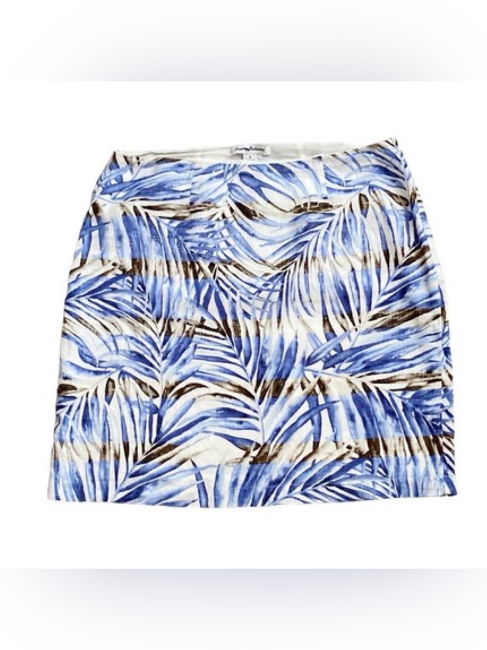 Tommy Bahama blue and white tropical palm leaf print linen skirt.